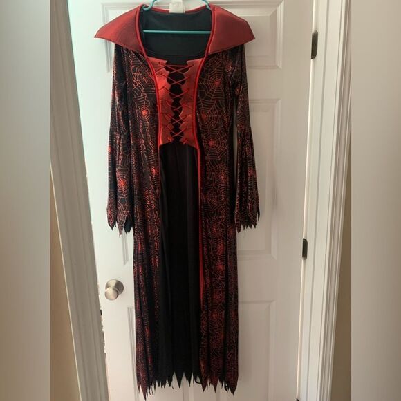 Devil witch small costume cape spider web red black cinched corset - Picture 1 of 4